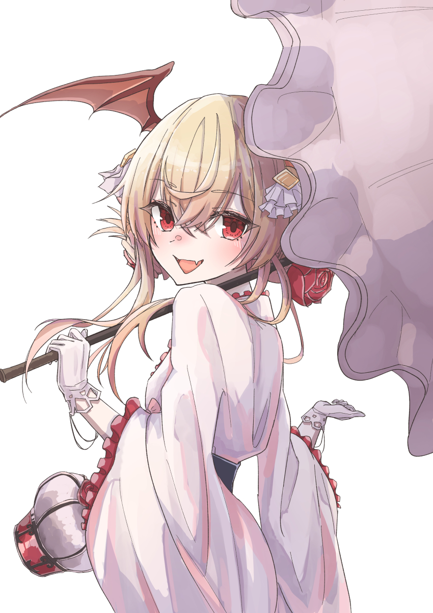 1girl absurdres bat_wings blonde_hair crossed_bangs double-parted_bangs flower frilled_kimono frills gloves granblue_fantasy hair_between_eyes head_wings highres holding holding_umbrella japanese_clothes kimono looking_at_viewer looking_back open_mouth red_eyes red_flower red_rose rezin531 rose simple_background solo umbrella upper_body vampy white_background white_gloves white_kimono wide_sleeves wings yukata