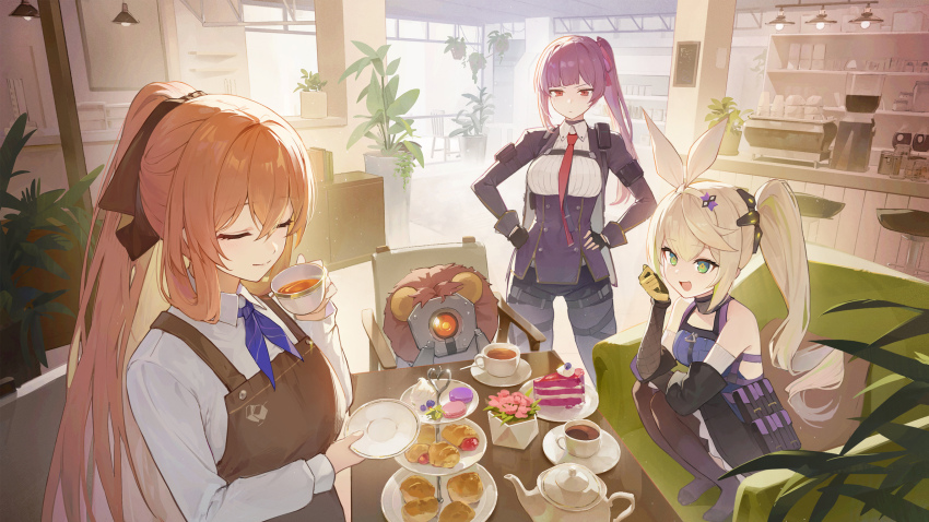3girls :/ angcha ascot backlighting bar_(place) beepy_(girls&#039;_frontline_2) black_pantyhose black_ribbon black_shorts black_thighhighs blonde_hair blue_ascot blue_eyes cafe coffee coffee_maker collared_shirt commentary corset croissant crossed_bangs cup dinergate_(girls&#039;_frontline) elbow_gloves espresso_machine feet_on_chair food girls&#039;_frontline girls&#039;_frontline_2:_exilium gloves hair_between_eyes hair_ribbon hairband hands_on_own_hips highres holding holding_cup indoors jacket long_sleeves looking_at_another macaron makiatto_(girls&#039;_frontline_2) multicolored_hair multiple_girls necktie on_chair open_mouth orange_hair pantyhose plant ponytail potted_plant purple_corset purple_hair purple_jacket purple_ribbon red_eyes red_necktie red_velvet_cake ribbon saucer scone sharkry_(girls&#039;_frontline_2) shirt shorts side_ponytail smile springfield_(girls&#039;_frontline) squatting standing streaked_hair table teacup teapot thighhighs tiered_tray wa2000_(girls&#039;_frontline) white_hairband white_shirt