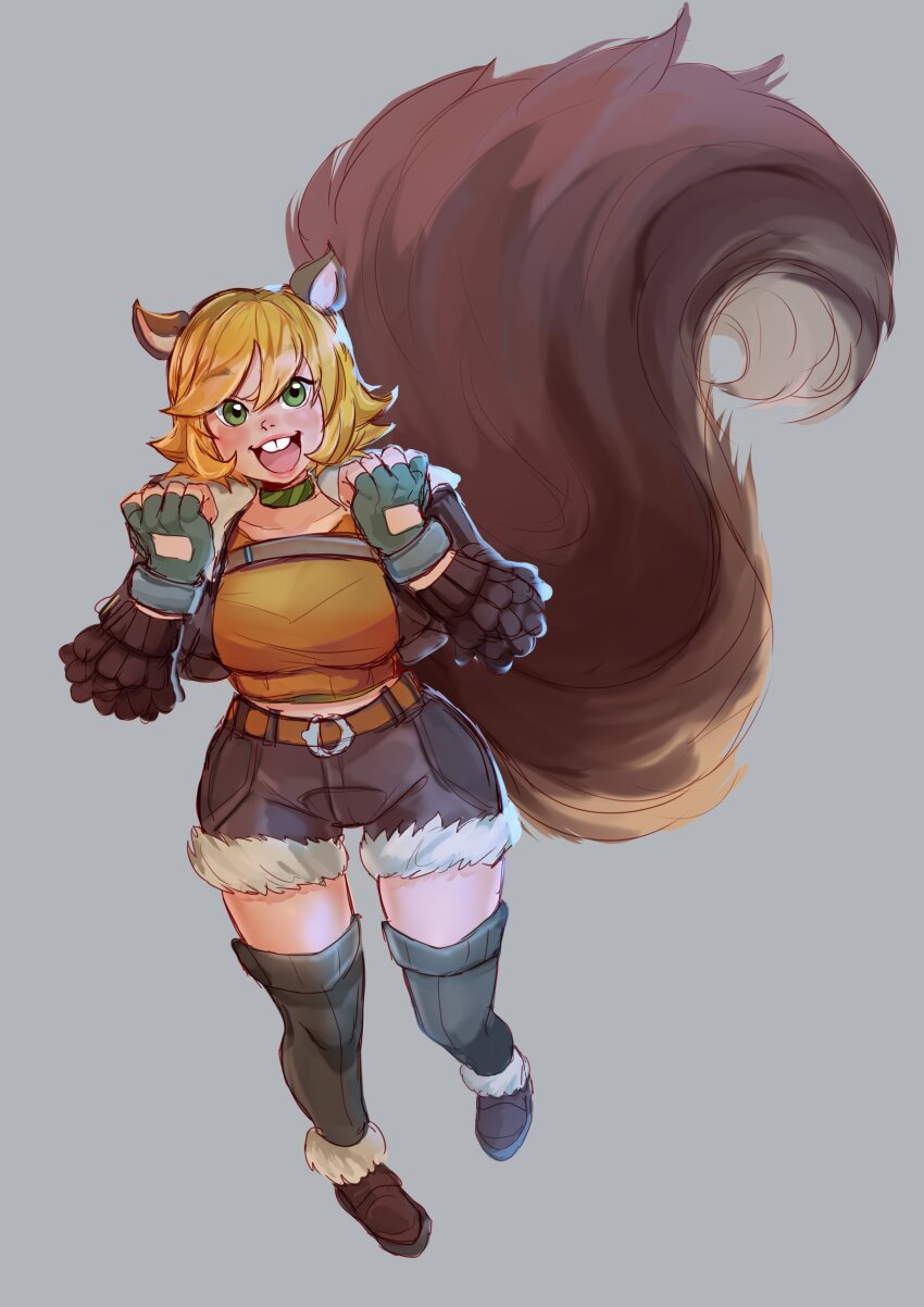 1girl absurdres animal_ears black_thighhighs boots brown_boots brown_jacket brown_shorts brown_tail buck_teeth fingerless_gloves full_body gloves green_eyes green_gloves grey_background highres jacket looking_at_viewer marvel marvel_rivals open_clothes open_jacket open_mouth orange_hair orange_shirt shirt short_hair short_shorts shorts simple_background solo squirrel_ears squirrel_girl squirrel_girl_(marvel) squirrel_tail tail teeth thighhighs topsieturvy