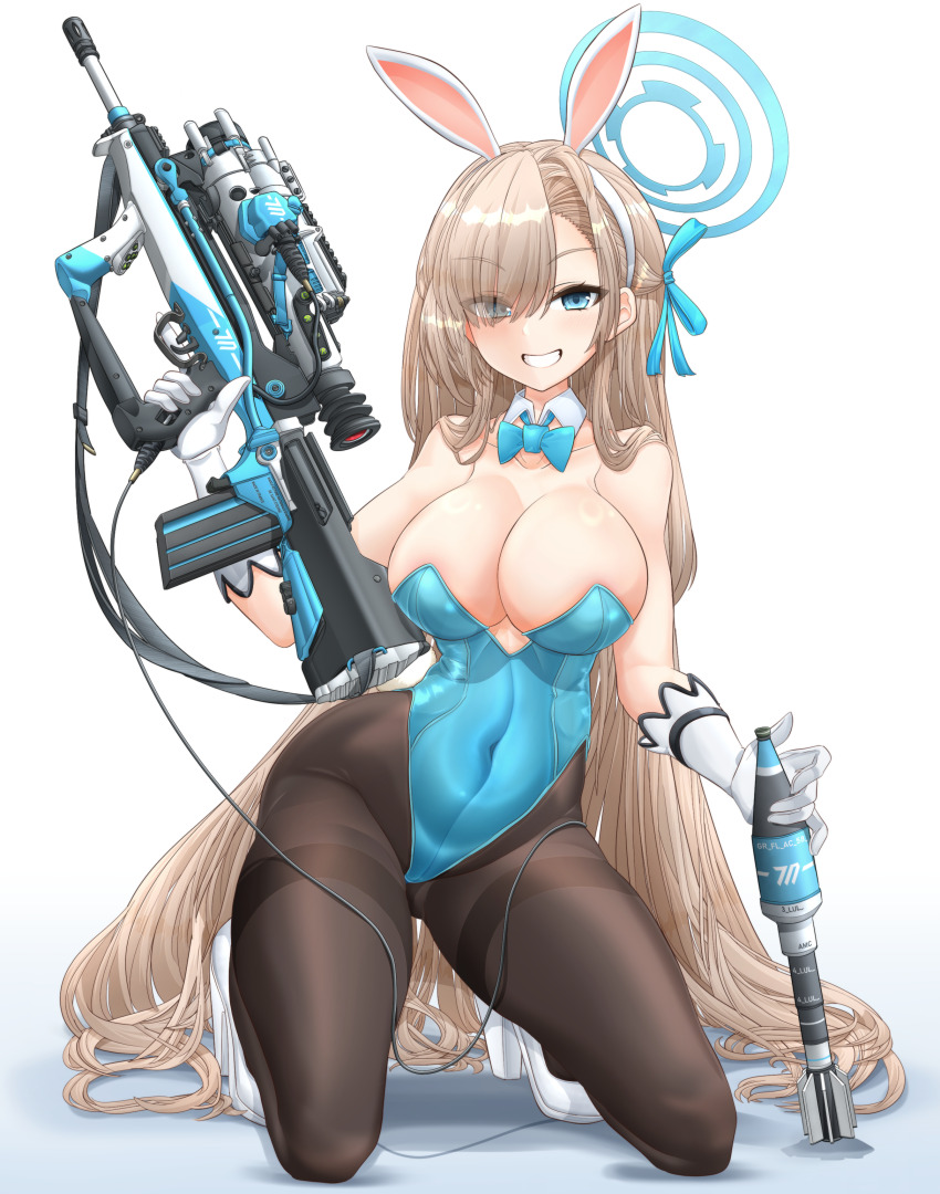 1girl absurdres ammunition animal_ears aqua_leotard assault_rifle asuna_(blue_archive) asuna_(bunny)_(blue_archive) asymmetrical_bangs blue_archive blue_bow blue_bowtie blue_leotard bow bowtie breasts bullpup bunny_day detached_collar fake_animal_ears famas gluteal_fold grin gun gun_sling hair_over_one_eye halo high_heels highleg highleg_leotard highres holding holding_weapon kneeling leotard light_brown_hair mikeran_(mikelan) mole mole_on_breast mortar_shell night-vision_device official_alternate_costume pantyhose playboy_bunny rabbit_ears rail_(weapon) rifle scope smile strapless strapless_leotard thighband_pantyhose traditional_bowtie trigger_discipline weapon