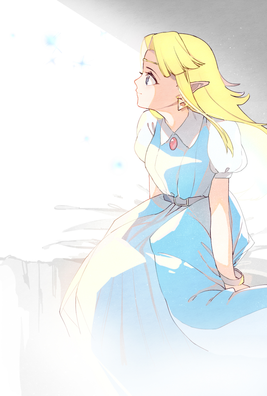 1girl ao_haruki belt blonde_hair blue_dress bracelet brooch commentary_request dress earrings highres jewelry long_hair looking_to_the_side nintendo pointy_ears princess_zelda puffy_short_sleeves puffy_sleeves short_sleeves sidelighting sitting solo the_legend_of_zelda the_legend_of_zelda:_a_link_to_the_past triforce white_sleeves