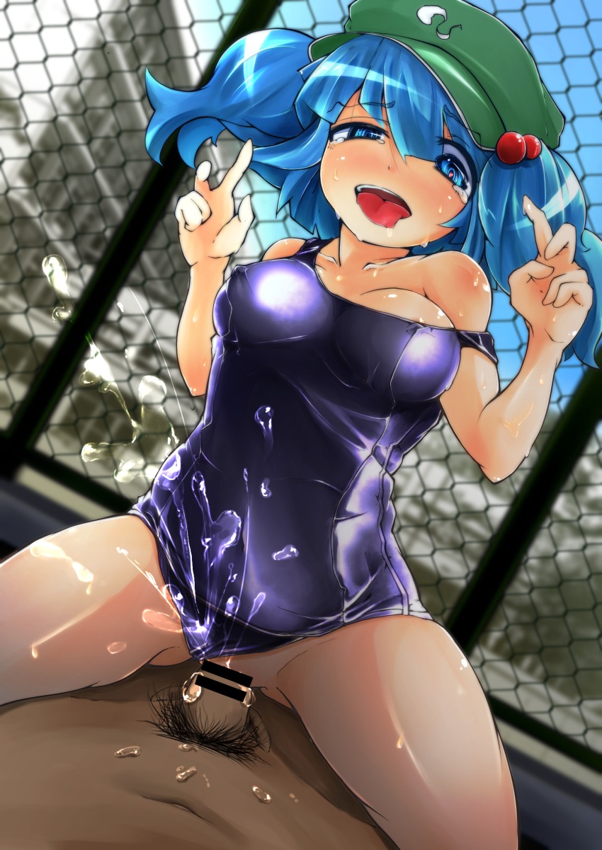 1boy 1girl ahegao areola_slip bar_censor bare_shoulders blue_eyes blue_hair blue_sky breasts newsboy_cap censored chain-link_fence clothed_sex clothing_aside collarbone covered_erect_nipples cowgirl_position cum cum_in_pussy day double_v drooling female_ejaculation fence flanvia fucked_silly girl_on_top green_headwear hair_bobbles hair_ornament hat heart heart-shaped_pupils hetero highres kawashiro_nitori large_breasts male_pubic_hair nipple_slip nipples off_shoulder one-piece_swimsuit open_mouth penis pubic_hair pussy_juice saliva school school_swimsuit sex shiny_clothes short_hair short_twintails skindentation sky solo_focus straddling strap_slip sweat sweatdrop swimsuit swimsuit_aside symbol-shaped_pupils tears tongue tongue_out torogao touhou twintails two_side_up v vaginal wet