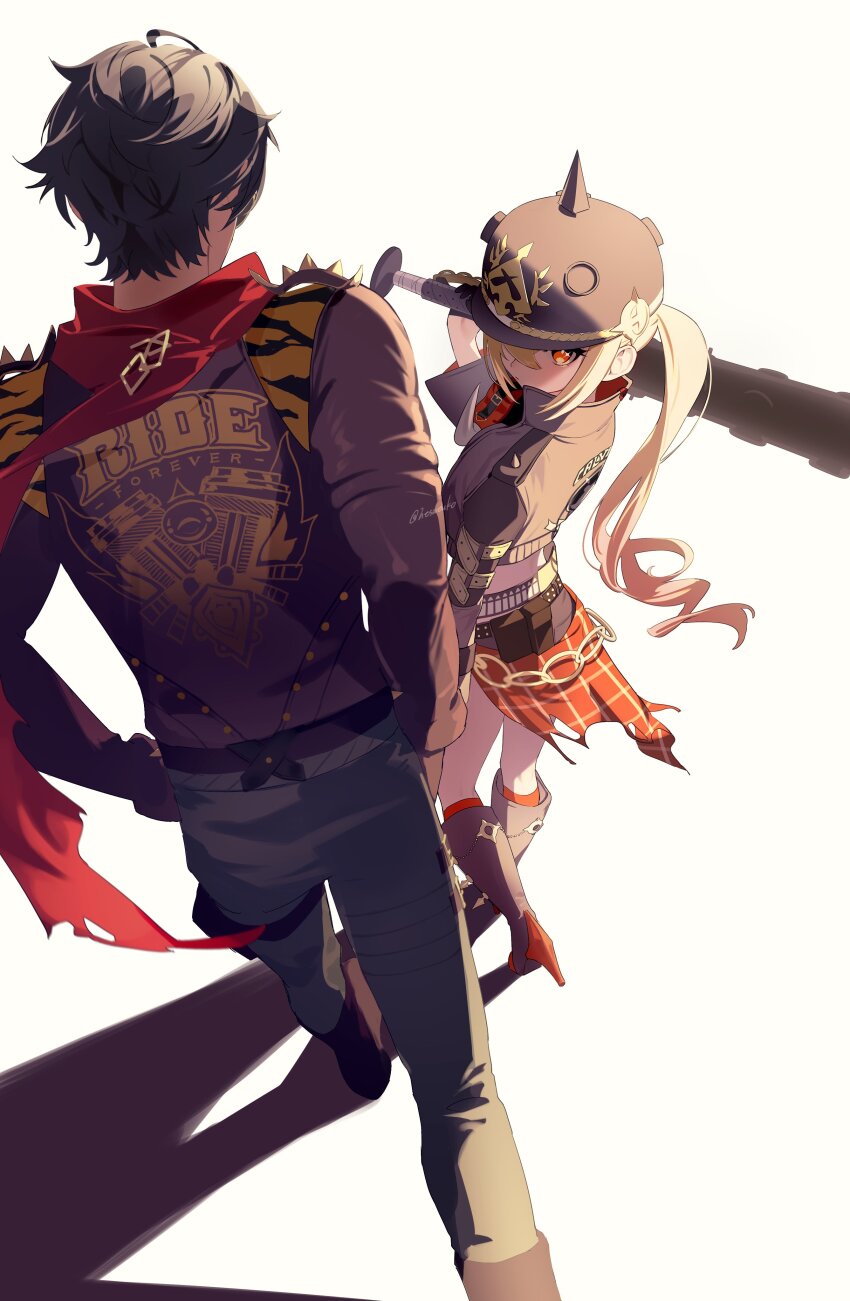 1boy 1girl absurdres baseball_bat belt black_gloves black_hair black_jacket black_pants blonde_hair boots clothes_writing from_behind gloves hair_between_eyes hands_in_pockets helmet high_heels highres holding jacket lighter_(zenless_zone_zero) long_hair long_sleeves looking_at_viewer looking_back luciana_de_montefio mask mask_around_neck pants red_eyes red_scarf sa_tsuko scarf side_ponytail simple_background skirt spiked_jacket torn_clothes torn_scarf torn_skirt twitter_username white_background zenless_zone_zero