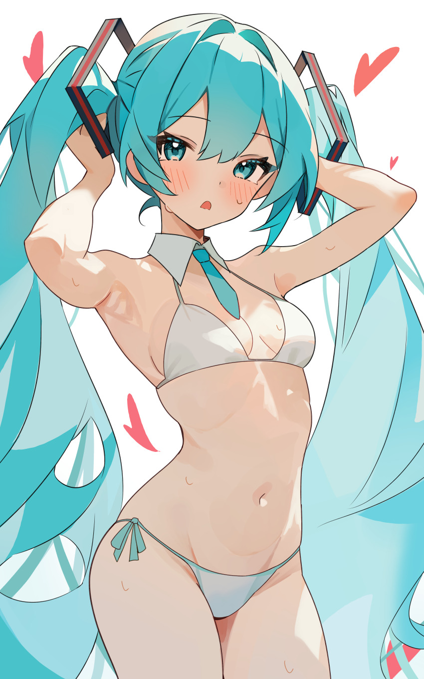 1girl absurdres aqua_eyes aqua_hair aqua_necktie armpits bikini breasts coco_irasuto cowboy_shot detached_collar hatsune_miku highres long_hair looking_at_viewer necktie side-tie_bikini_bottom simple_background small_breasts solo swimsuit twintails very_long_hair vocaloid white_background white_bikini