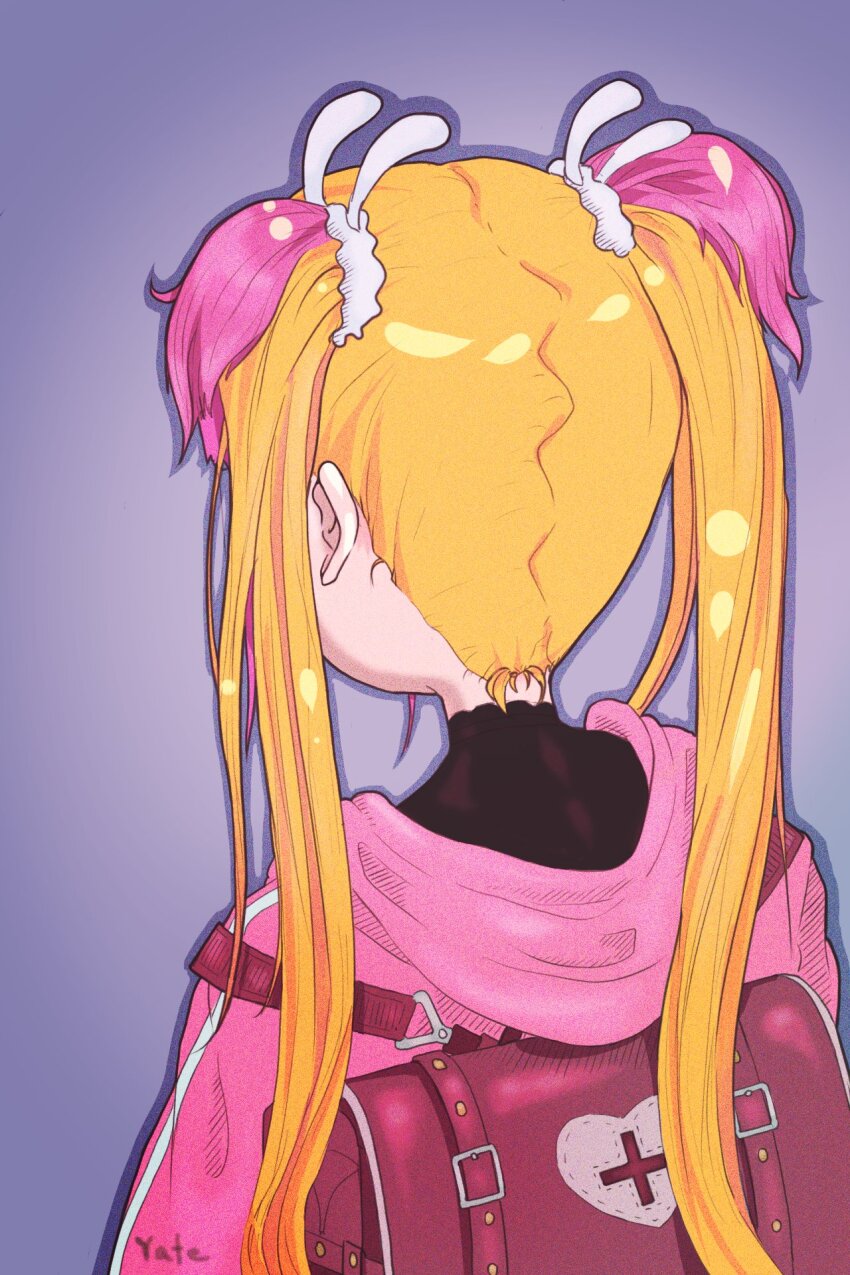 1girl artist_name backpack bag black_shirt blonde_hair from_behind hair_ornament hair_scrunchie hashtag-only_commentary high_collar highres hood hood_down indie_virtual_youtuber jacket kyoresu long_hair multicolored_hair pink_bag pink_hair pink_hood pink_jacket purple_background scrunchie shirt signature simple_background solo straight_hair track_jacket twintails two-tone_hair upper_body white_scrunchie yate_(ryo_tend)