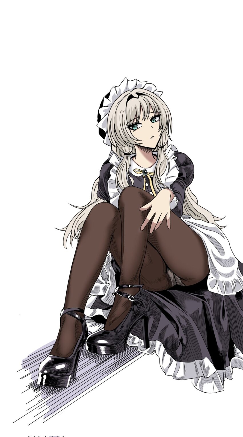 1girl alternate_costume an-94_(girls&#039;_frontline) apron aqua_eyes black_pantyhose blonde_hair breasts choebal1356201 closed_mouth defy_(girls&#039;_frontline) full_body girls&#039;_frontline high_heels highres legs long_hair long_sleeves looking_at_viewer maid maid_apron maid_headdress on_floor panties panties_under_pantyhose pantyhose pantyshot sidelocks simple_background sitting small_breasts solo underwear white_background white_panties white_wrist_cuffs wrist_cuffs