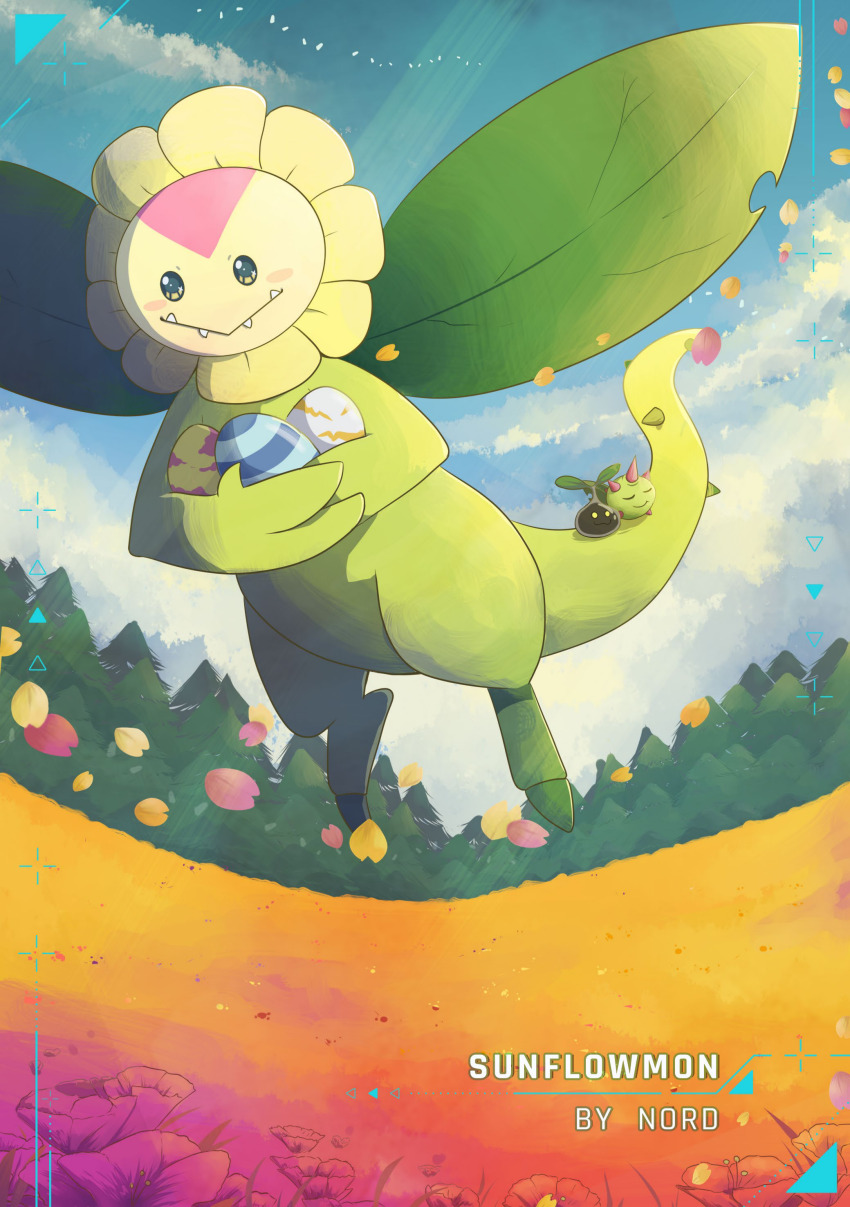 absurdres budmon digimon digimon_(creature) digitama egg flower highres leaf nord_(kalkkopf) nyokimon petals sunflower sunflowmon tail