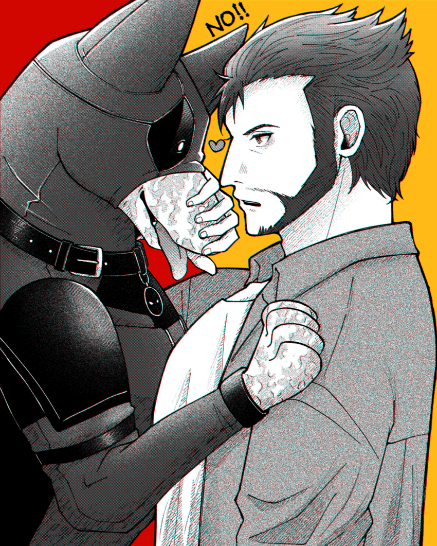 1boy animalization animification beard bodysuit collared_shirt commentary_request deadpool deadpool_&amp;_wolverine deadpool_(series) doghooouse english_text facial_hair heart highres looking_at_animal male_focus marvel marvel_cinematic_universe mask muscular muscular_male pectorals red_background scar scars_all_over shirt short_hair teeth tongue tongue_out too_many wolf wolverine_(x-men) x-men yellow_bodysuit