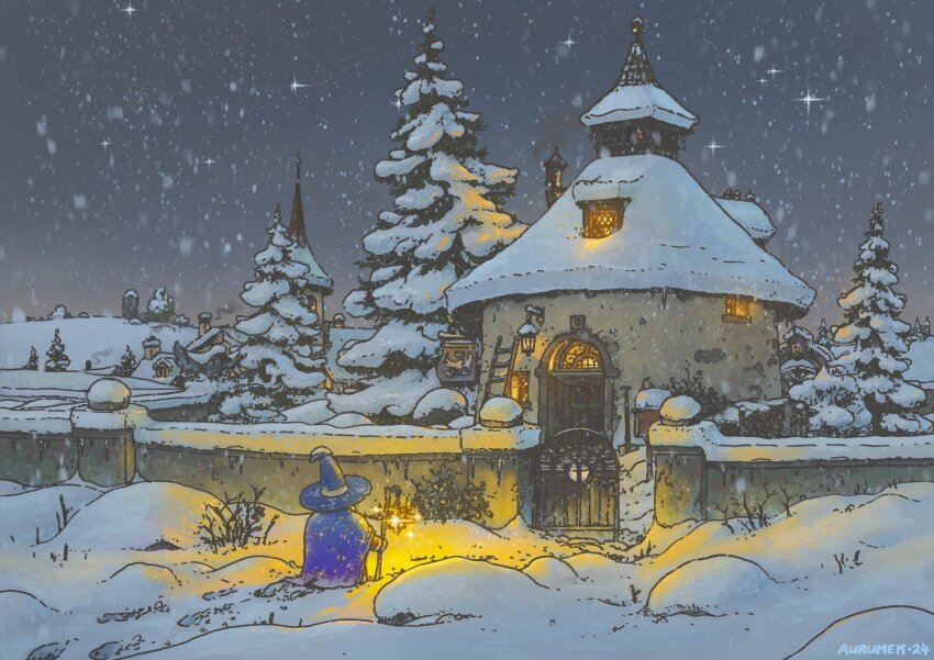 architecture artist_name aurumek building chimney dated fence footprints from_behind gate hat highres holding holding_lantern house ladder lantern nature night night_sky original outdoors path plant road scenery signature sky snow snowing star_(sky) starry_sky stone_pillar stone_wall tree wide_shot window window_light wizard wizard_hat