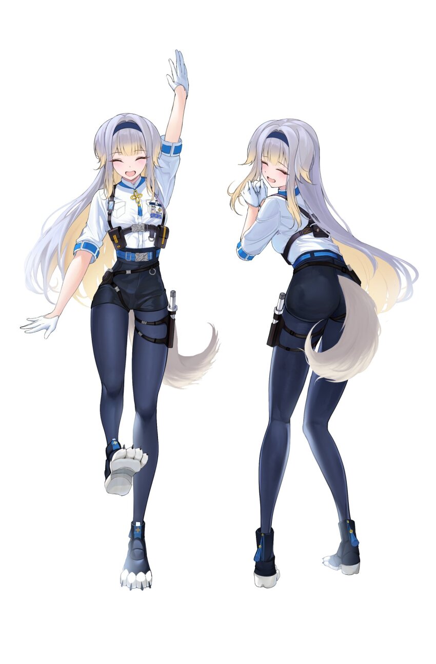1girl :d animal_ears ass blue_hairband blush breasts closed_eyes dancing dog_ears dog_girl dog_tail from_behind full_body gloves grey_hair hairband half_gloves highres kamoshi long_hair medium_breasts multiple_views nijisanji open_mouth pantyhose pantyhose_under_shorts paw_shoes shioriha_ruri shioriha_ruri_(1st_costume) shorts simple_background smile tail virtual_youtuber white_background