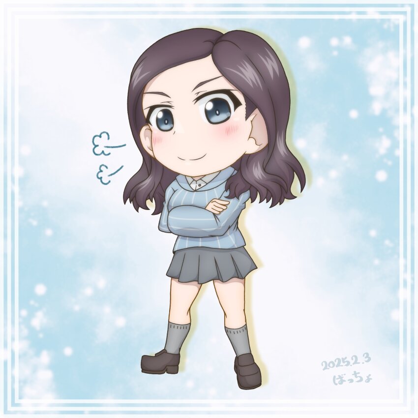 1girl absurdres black_hair blue_sweater brown_footwear chibi chibi_only crossed_arms dated girls_und_panzer grey_skirt grey_socks highres keizoku_school_uniform long_hair miniskirt oekaki_baccho pleated_skirt school_uniform shirt skirt socks sweater tomi_(girls_und_panzer) vertical-striped_sweater white_shirt