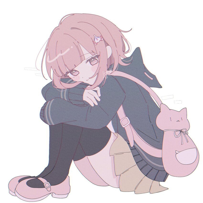 1girl animal_bag black_thighhighs blush brown_skirt cat_bag danganronpa_(series) danganronpa_2:_goodbye_despair flipped_hair from_side hair_ornament highres hood hood_down hooded_jacket hugging_own_legs jacket knees_up long_sleeves medium_hair miniskirt nanami_chiaki pink_eyes pink_shoes pote_(pote_39) shirt shoes simple_background skirt sleeves_past_wrists solo spaceship_hair_ornament thighhighs