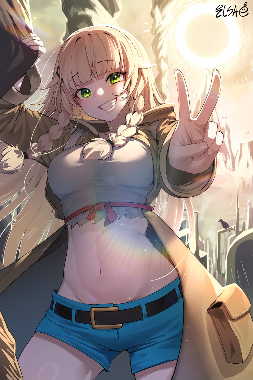 1girl absurdres artist_name belt black_belt blonde_hair blue_shorts braid breasts brown_coat character_request coat commission copyright_request cropped_shirt green_eyes highres hood hood_down hooded_coat ilsae large_breasts linea_alba long_hair midriff navel open_clothes open_coat pocket shirt shorts smile solo stomach twin_braids v white_shirt