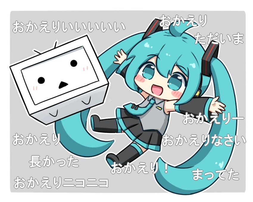 1girl :d ahoge black_boots black_skirt black_sleeves blue_eyes blue_hair blue_necktie blush boots chibi collared_shirt commentary_request danmaku_comments detached_sleeves full_body grey_background grey_shirt hatsune_miku long_hair long_sleeves looking_at_viewer miniskirt necktie niconico nukotun open_mouth pleated_skirt shirt simple_background skirt sleeveless sleeveless_shirt smile solo television terebi-chan thigh_boots translated triangle_mouth twintails two-tone_background very_long_hair vocaloid white_background