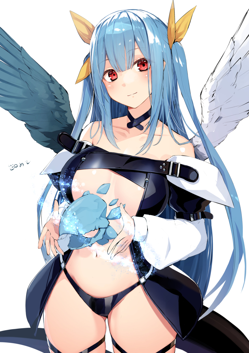 1girl angel_wings asymmetrical_wings bare_shoulders belt black_choker black_panties blue_hair blush breasts center_opening choker cleavage collarbone commentary covered_erect_nipples detached_sleeves dizzy_(guilty_gear) guilty_gear guilty_gear_x guilty_gear_xx hair_ribbon highres ice large_breasts long_hair long_sleeves looking_at_viewer meth_(emethmeth) monster_girl navel panties puffy_long_sleeves puffy_sleeves red_eyes ribbon sideboob simple_background skindentation smile solo tail thick_thighs thigh_gap thigh_strap thighs twintails underwear white_background wings yellow_ribbon