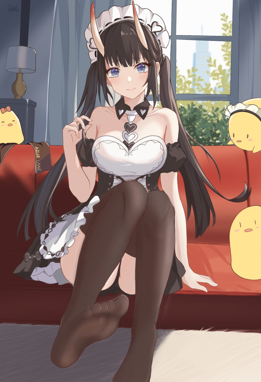 1girl absurdres apron azur_lane bare_shoulders black_dress black_hair breasts brown_thighhighs building collarbone couch curtains desk_lamp detached_sleeves dress foot_out_of_frame frilled_apron frills highres horns indoors lamp long_hair looking_at_viewer maid_headdress manjuu_(azur_lane) medium_breasts noshiro_(azur_lane) noshiro_(hold_the_ice)_(azur_lane) official_alternate_costume puffy_short_sleeves puffy_sleeves purple_eyes short_sleeves sitting skyscraper solo thighhighs variant_set white_apron window zerosama_(sailuojiang)