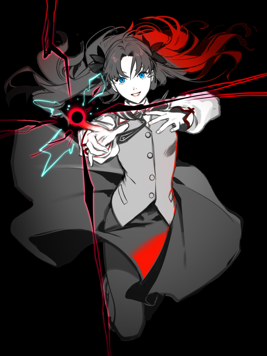1girl black_background blue_eyes bow casting_spell fate/stay_night fate/unlimited_blade_works fate_(series) full_body gandr hair_bow hands_up highres homurabara_academy_school_uniform jumping kiskil-llira lips long_hair long_sleeves looking_at_viewer monochrome neck_ribbon pantyhose parted_bangs parted_lips pointing puffy_long_sleeves puffy_sleeves ribbon school_uniform shirt simple_background skirt smile solo spot_color tohsaka_rin two_side_up vest