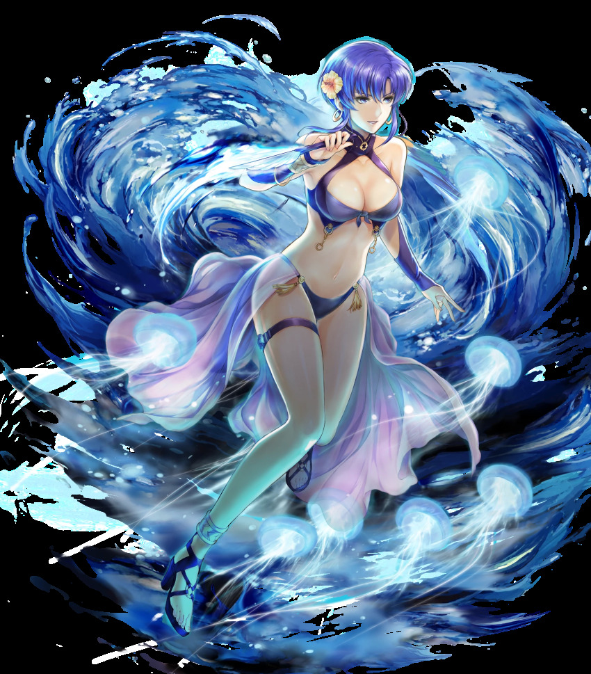 1girl bare_shoulders bikini blue_eyes blue_hair breasts cleavage dagger earrings feet female_focus fire_emblem fire_emblem:_the_blazing_blade fire_emblem_heroes flower front-tie_bikini_top front-tie_top full_body hair_flower hair_ornament hibiscus high_heel_sandals highres holding holding_knife holding_weapon jellyfish jewelry knife medium_breasts navel nintendo official_art sandals sarong see-through_clothes short_hair smile solo stomach swimsuit tassel thigh_strap toes transparent_background ursula_(fire_emblem) ursula_(summer)_(fire_emblem) water weapon yamada_koutarou