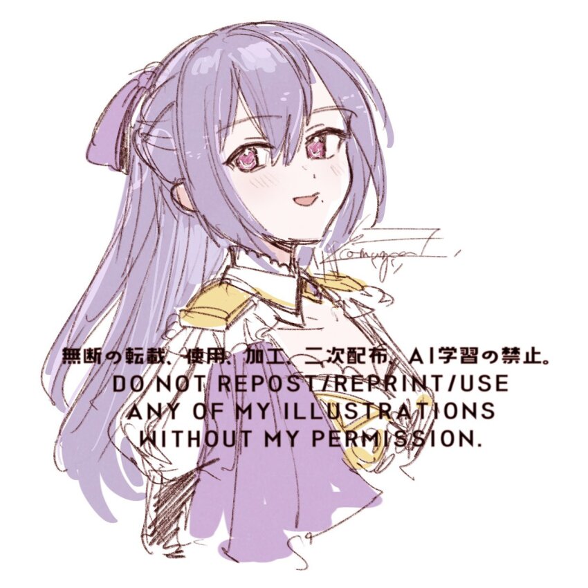 1girl adapted_costume arm_at_side artist_name assault_lily blue_eyes blush bow breasts commentary_request cropped_torso epaulettes from_side fukuyama_jeanne_sachie hair_between_eyes hair_bow half_updo highres komuzuka long_sleeves looking_at_viewer looking_to_the_side medium_breasts mole mole_under_mouth parted_lips pink_bow pink_eyes purple_hair shirt signature simple_background smile solo upper_body watermark white_background white_shirt