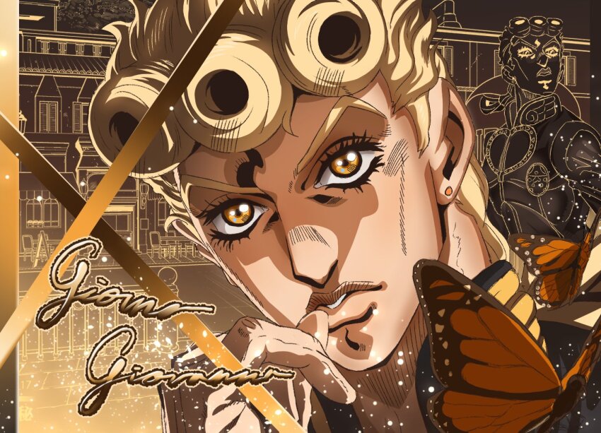 1boy anime_coloring araki_hirohiko_(style) blonde_hair bug butterfly character_name cleavage_cutout clothing_cutout earrings giorno_giovanna grandguerrilla high_collar insect jewelry jojo_no_kimyou_na_bouken ladybug_ornament looking_at_viewer male_focus orange_butterfly orange_eyes parted_lips portrait teeth upper_body vento_aureo