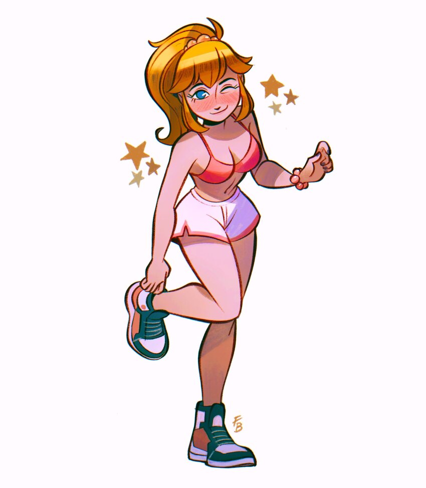 1girl alternate_costume black_shoes blonde_hair blue_eyes blush bra bracelet dolphin_shorts friedbaens full_body hand_up highres jewelry leg_up long_hair mario_(series) navel nintendo one_eye_closed pink_bra ponytail princess_peach shoes short_shorts shorts simple_background smile solo standing star_(symbol) super_mario_bros._1 underwear white_background white_shorts
