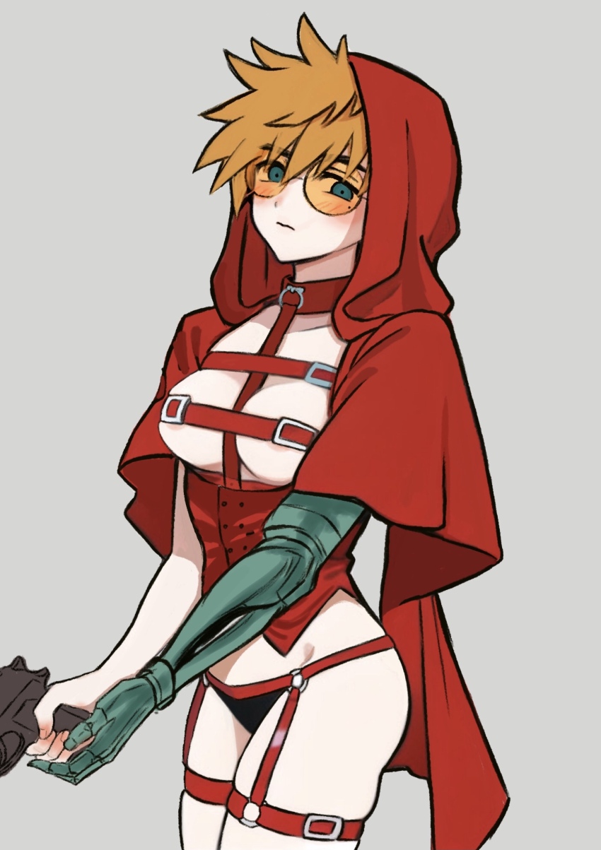 1girl agl_arms_.45_long_colt belt_bra between_breasts black_panties blonde_hair blush break-action_revolver breasts capelet closed_mouth collar corset garter_straps genderswap genderswap_(mtf) glasses grey_background gun handgun highres holding holding_gun holding_weapon hood hood_up hooded_capelet looking_at_viewer low_bore_axis_revolver medium_breasts mole mole_under_eye o-ring one737428390075 orange-tinted_eyewear panties prosthesis prosthetic_arm red_hood revolver round_eyewear short_hair skindentation solo tinted_eyewear trigun trigun_stampede underwear underwear_only vash_the_stampede weapon