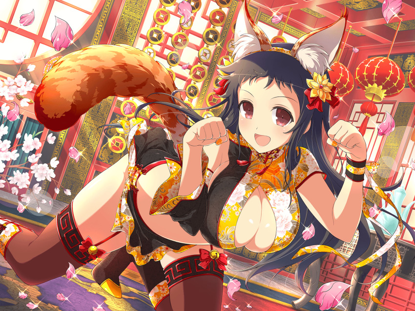 1girl animal_ears architecture ayame_(senran_kagura) black_hair blush breasts cat_ears cat_tail china_dress chinese_clothes cleavage dress east_asian_architecture falling_petals flower garter_straps hair_ornament hanging_lantern highres lantern large_breasts long_hair looking_at_viewer nail_polish official_alternate_costume official_art open_mouth orange_nails paper_lantern paw_pose petals red_eyes rug senran_kagura senran_kagura_new_link senran_kagura_new_wave smile solo table tail tassel teapot window yaegashi_nan