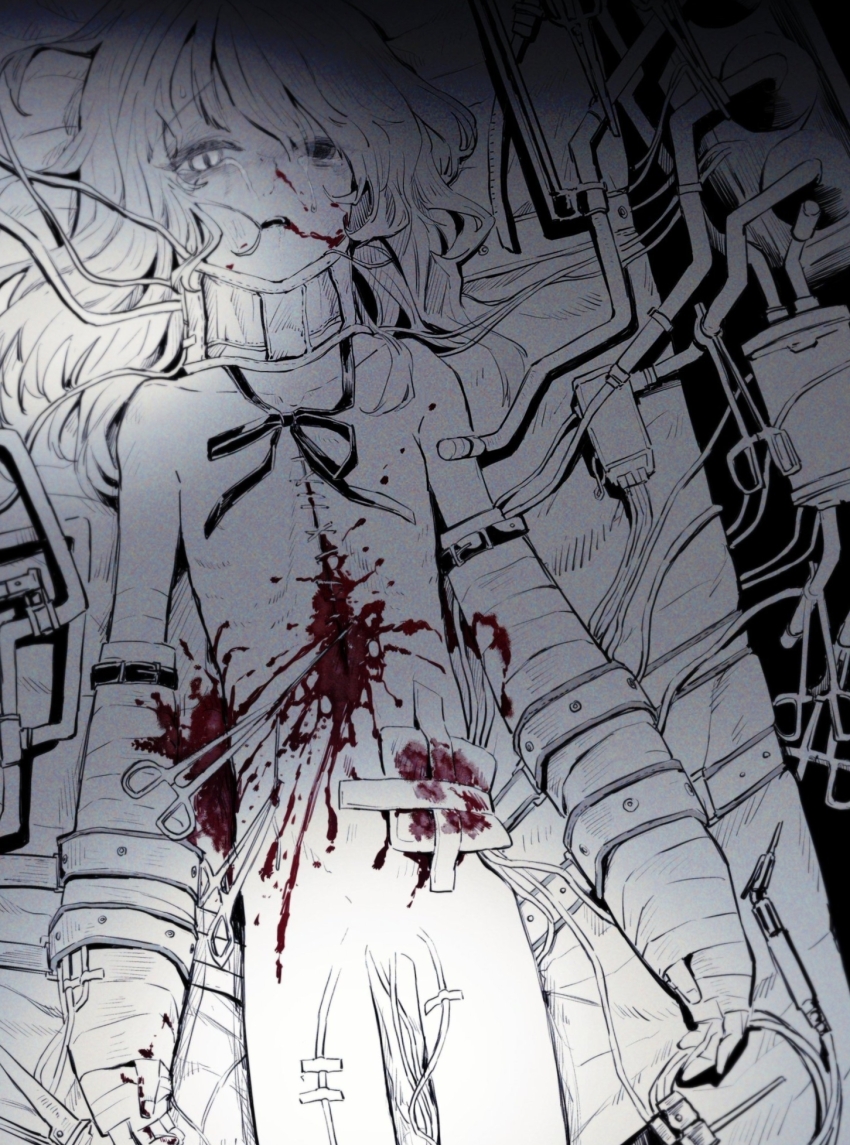 1girl bleeding blood blood_from_mouth cast crying crying_with_eyes_open flat_chest guro heterochromia highres injury long_hair loose_neck_ribbon monochrome neck_ribbon on_bed operating_table original red_hod ribbon solo spot_color stitches strapped_down surgery surgical_scissors table tears