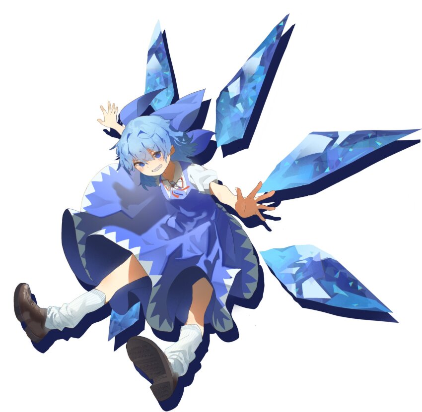 1girl ankle_socks blue_bow blue_dress blue_eyes blue_hair blue_wings bow brown_shoes cirno collared_shirt commentary_request detached_wings dress drop_shadow floating_clothes full_body grin hair_between_eyes hair_bow highres ice ice_wings kinoko_(kino2435006) light_blush loafers looking_at_viewer loose_socks medium_dress medium_hair messy_hair neck_ribbon open_hands outstretched_arms outstretched_legs pinafore_dress puffy_short_sleeves puffy_sleeves red_ribbon ribbon shirt shoe_soles shoes short_sleeves simple_background sleeveless sleeveless_dress smile socks solo spread_arms teeth touhou v-shaped_eyebrows white_background white_shirt white_socks wings