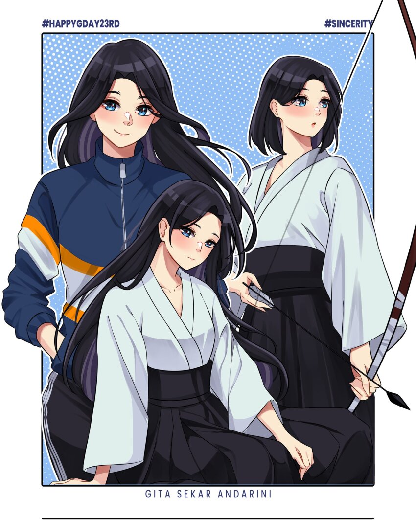 3girls arrow_(projectile) black_hair blue_eyes blue_jacket gita_sekar_andarini hakama hakama_skirt highres holding holding_arrow jacket japanese_clothes jkt48 light_smile long_hair looking_at_viewer multiple_girls myki open_mouth real_life simple_background skirt tagme