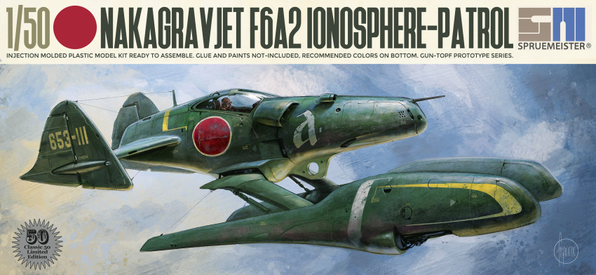 aircraft airplane box_art cloud commentary damaged dirty energy_cannon english_commentary fake_box_art fighter_jet flying frye_(fryewerk) goggles gun helmet highres japanese_flag military military_vehicle model_kit nakagravjet original pilot pilot_suit radio_antenna realistic roundel science_fiction signature takani_yoshiyuki_(style) vehicle_focus weapon
