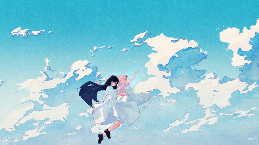 2girls absurdres black_hair cloud dress floating highres horns long_hair multiple_girls original pink_hair pointing pointy_ears puyuyan red_horns scenery short_sleeves sidelocks sleeveless sleeveless_dress white_dress
