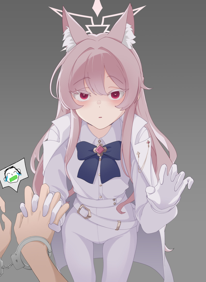 1boy 1girl absurdres akira_(blue_archive) animal_ear_fluff animal_ears belt black_bow black_bowtie blue_archive blush bound bound_wrists bow bowtie buttons cat_ears cat_girl collared_shirt colored_eyelashes commentary_request cuffs doodle_sensei_(blue_archive) gag gloves grey_background halo handcuffs hands_up heart heart-shaped_pupils highres holding_hands improvised_gag interlocked_fingers long_hair long_sleeves looking_at_viewer lovestruck mandara3a pants parted_lips partial_commentary pink_hair pink_halo pov pov_hands red_eyes sensei_(blue_archive) shirt sidelocks simple_background solo_focus speech_bubble spoken_character straight-on symbol-shaped_pupils tape tape_gag white_belt white_eyelashes white_gloves white_pants white_shirt