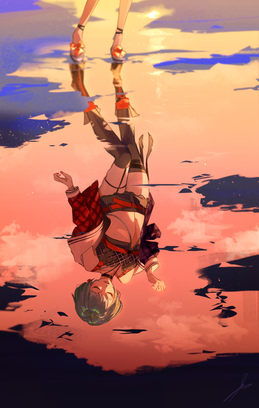 1girl absurdres anklet aqua_hair argyle_clothes argyle_shirt belt black_belt black_boots black_choker black_shirt blunt_bangs bob_cut boots chain chest_belt choker closed_eyes cloud commentary_request crop_top different_reflection earrings flower footwear_flower frilled_shorts frills gradient_sky grey_shorts grey_socks heart heart_earrings high_heels highres jacket jewelry lace-up_boots leg_belt long_sleeves midriff multiple_belts nail_polish navel open_clothes open_jacket open_mouth orange_sky outdoors over-kneehighs parted_lips path_to_nowhere petals pink_flower plaid_clothes plaid_jacket red_belt red_jacket red_nails reflection reflection_focus reflective_water roulecca_(path_to_nowhere) shirt shoes short_hair short_shorts shorts sky smile socks solo standing sunset thigh_strap thighhighs toho10min torn_clothes torn_socks two-sided_fabric two-sided_jacket white_shoes yellow_sky