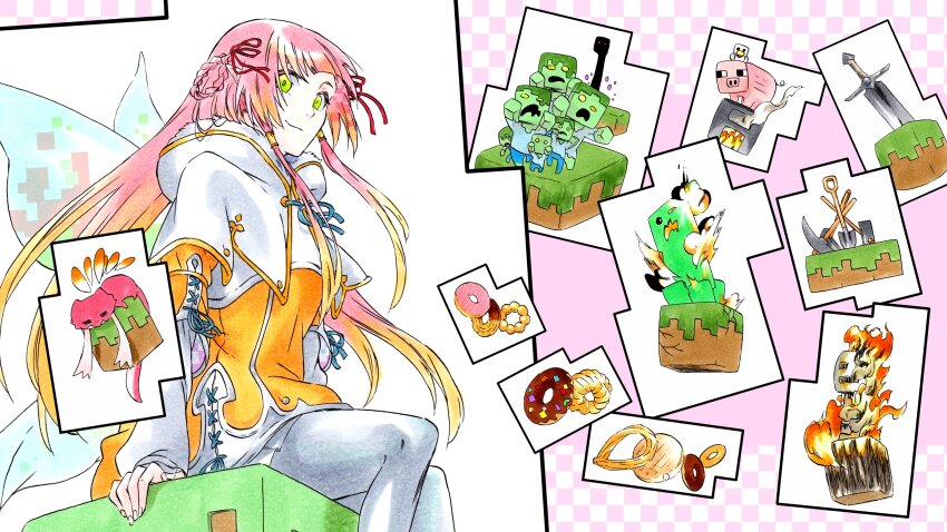 1girl absurdres animal block_(minecraft) braid braided_hair_rings cottage_project creeper donut duck_(minecraft) enderman explosion fairy_wings fire floating_hair food green_eyes hair_ribbon hair_rings highres hinano_ui hoe hood hood_down ken&#039;ichi_(ken1ro_u) leggings lizard long_hair long_sleeves looking_at_viewer minecraft pickaxe pig_(minecraft) pink_hair planted planted_sword planted_weapon ribbon shovel sitting smile sword virtual_youtuber weapon wings zombie_(minecraft)
