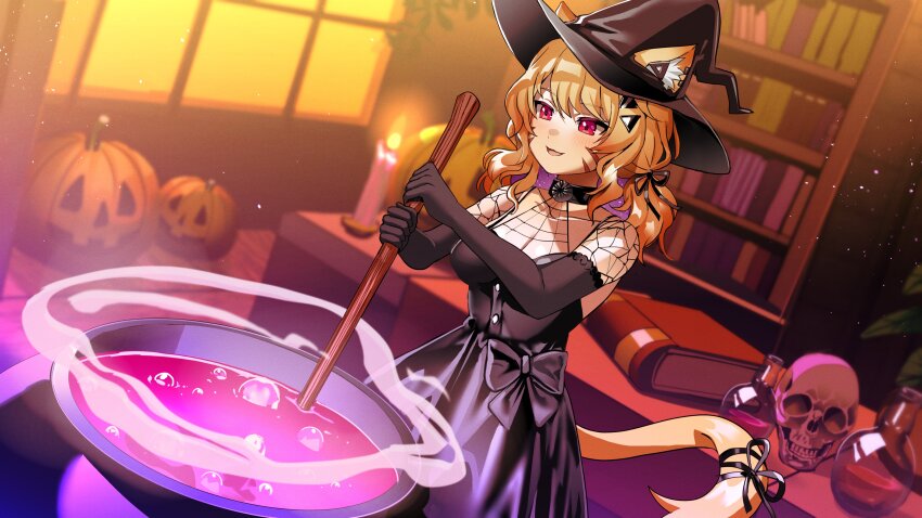 1girl 364ing absurdres animal_ear_fluff animal_ears black_choker black_dress black_gloves blonde_hair book bookshelf breasts candle cat_ears cat_girl cat_tail cauldron choker commentary desk detached_sleeves dress dutch_angle ears_through_headwear elbow_gloves english_commentary facial_mark flask gloves halloween hat highres indie_virtual_youtuber indoors jack-o&#039;-lantern long_hair medium_breasts open_mouth red_eyes ribbon second-party_source shyrei_faolan skull solo stirring tail tail_ornament tail_ribbon virtual_youtuber volumetric_flask whisker_markings witch witch_hat