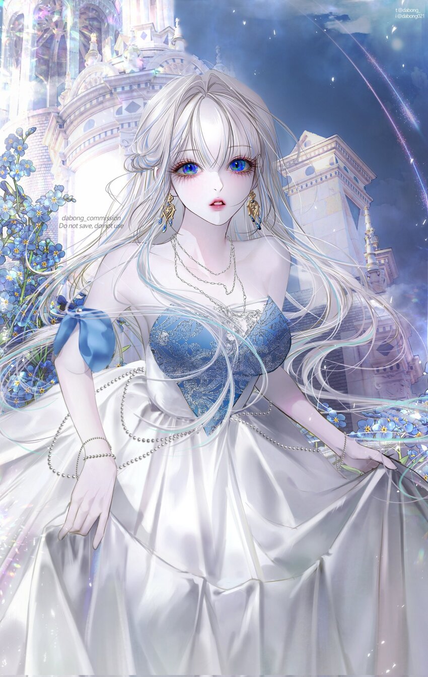 1girl bare_shoulders blue_eyes blue_flower bracelet breasts castle commission dabong dress earrings flower highres jewelry long_hair looking_at_viewer makeup necklace night night_sky original outdoors pale_skin parted_lips skirt_hold sky solo strapless white_dress white_hair