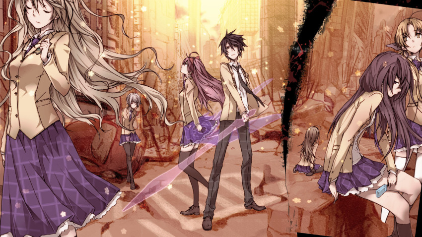1boy 6+girls ahoge aoi_sena black_legwear blazer blonde_hair blue_hair blue_skirt building car chaos;head closed_eyes commentary_request food hair_ribbon highres holding holding_sword holding_weapon jacket kishimoto_ayase kusunoki_yua long_hair long_sleeves looking_away looking_to_the_side looking_up motor_vehicle multiple_girls necktie nishijou_nanami nishijou_takumi orihara_kozue pink_hair plaid_clothes plaid_skirt pleated_skirt popsicle profile ribbon ruins sakihata_rimi school_uniform shirt short_hair silver_hair sitting skirt sorasou_torikodan sword thighhighs wariza weapon white_shirt yellow_eyes zettai_ryouiki