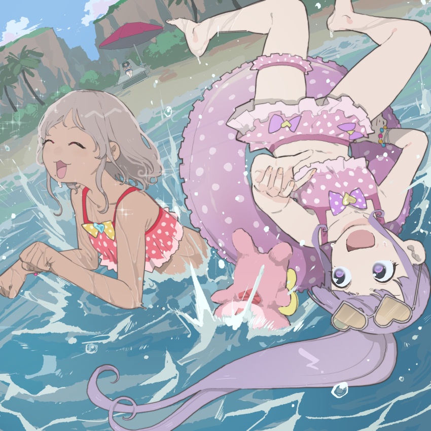 3girls :3 :d ^_^ beach beach_chair beach_umbrella bikini blue_sky blunt_bangs bow closed_eyes dark-skinned_female dark_skin day eyewear_on_head falling frilled_bikini frills grey_hair hands_up heart heart-shaped_eyewear highres innertube kemura_(puripurinea) kuma_(pripara) light_purple_hair long_hair looking_at_another manaka_non multiple_girls navel open_mouth outdoors palm_tree partially_submerged pink_bikini polka_dot polka_dot_bikini pretty_series pripara purple_bow purple_eyes red_bikini red_umbrella side_ponytail sky smile sparkle splashing stuffed_toy sunglasses swim_ring swimming swimsuit taiyo_pepper tree tsukikawa_chili umbrella upside-down very_long_hair water water_drop wet yellow_bow