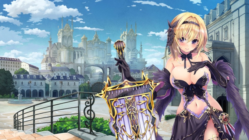 1girl bare_shoulders black_bow black_bowtie black_dress black_gloves blue_sky blush bow bowtie breasts building bush castle city cleavage closed_mouth clothing_cutout cloud cloudy_sky collarbone corset cowboy_shot day dmm dress elbow_gloves female_focus fountain gate girls_symphony gloves gold_hair hair_ornament hand_on_own_chest highres lamppost large_breasts looking_at_viewer medium_hair midriff navel navel_cutout outdoors palace purple_eyes railing revealing_clothes side_cutout skirt sky skyline smile solo stairs standing strapless strapless_dress sword symphony_x town tree weapon