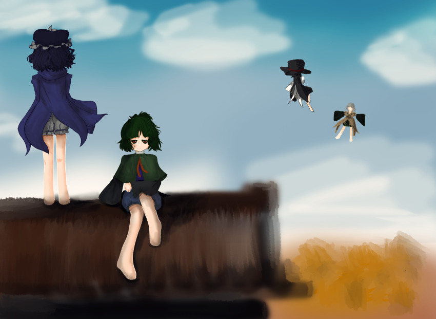 4others absurdres adagumo_no_saragimaru androgynous ascot bare_legs barefoot black_coat black_hat black_shirt black_shorts blue_shorts blue_sky blue_vest brown_ascot brown_coat capelet chinese_commentary choker chun_lanse_tianran_shengjiang closed_mouth cloud coat coattails collared_coat commentary_request day dot_nose enraku_tsubakura expressionless faceless floating_clothes floating_hair flying frilled_headwear frilled_shorts frills from_behind full_body green_capelet green_hair green_hakama grey_hair grey_shorts hakama hakama_short_skirt hakama_skirt hat high_ponytail highres hood hood_down hooded_jacket houlen_yabusame house jacket japanese_clothes layered_sleeves len&#039;en long_sleeves looking_to_the_side mob_cap multiple_others neck_ribbon no_shoes on_roof other_focus outdoors outstretched_arms ponytail puffy_short_sleeves puffy_shorts puffy_sleeves purple_hat purple_jacket red_eyes red_ribbon ribbon shirt shitodo_kuroji short_hair short_hair_with_long_locks short_over_long_sleeves short_ponytail short_sleeves shorts sitting skirt sky sleeveless sleeveless_coat sleeves_past_fingers sleeves_past_wrists split_ponytail standing top_hat triangular_headpiece vest wheat_field white_choker white_shirt wide_sleeves wind