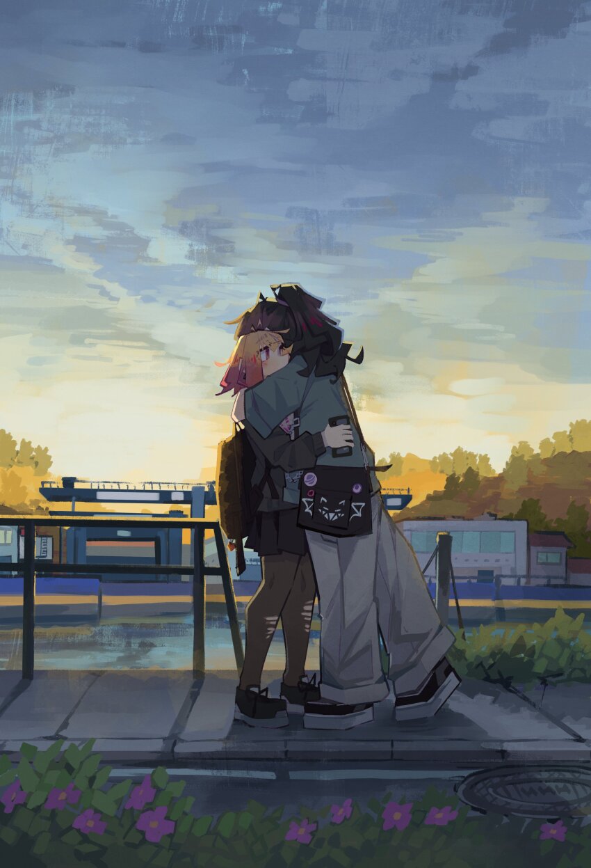 2girls absurdres bag black_bag black_pantyhose brown_hair couple flower highres hug long_hair multiple_girls original outdoors pantyhose road shirt shoes short_hair shoulder_bag skirt sneakers street sweater t-shirt togekk0 torn_clothes torn_pantyhose water yuri
