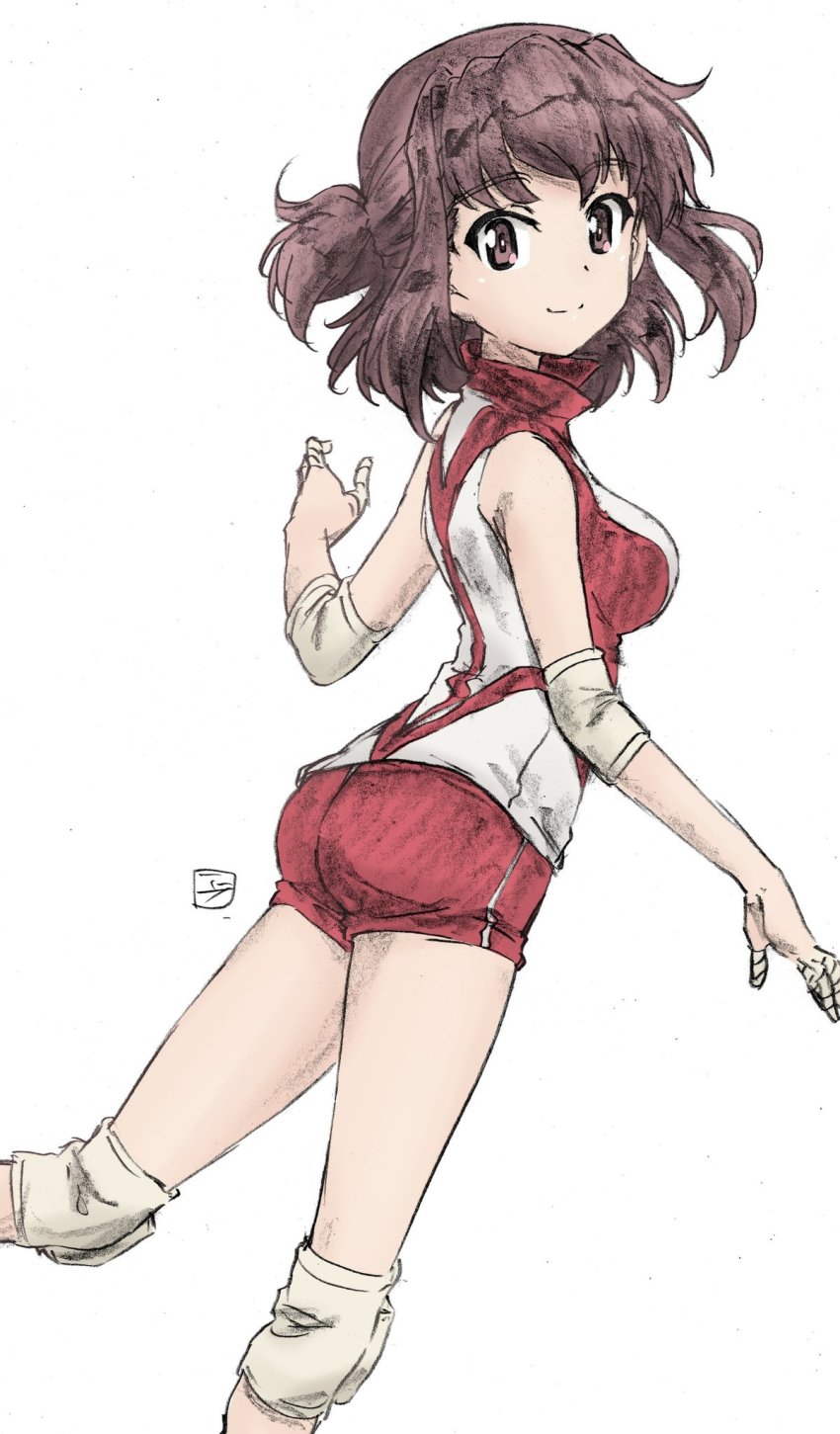 1girl artist_name bad_id bad_twitter_id brown_eyes brown_hair closed_mouth commentary dutch_angle elbow_pads erakin from_side girls_und_panzer highres knee_pads kondou_taeko looking_at_viewer medium_hair no_headband red_shirt red_shorts shirt short_shorts shorts signature simple_background single_vertical_stripe sketch sleeveless sleeveless_shirt smile solo sportswear standing traditional_media volleyball_uniform white_background