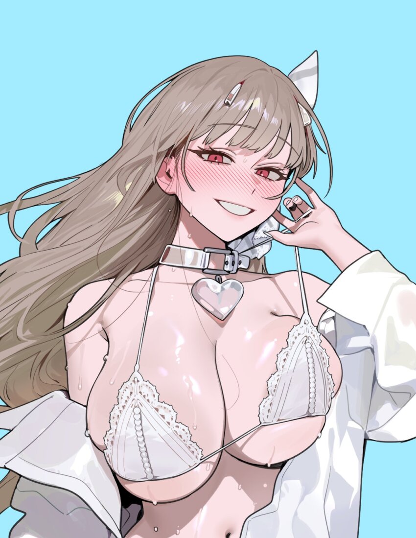 1girl bare_shoulders bikini blue_background blush breasts brown_hair cleavage collar goddess_of_victory:_nikke grin highres large_breasts long_hair looking_at_viewer navel off_shoulder open_clothes open_shirt red_eyes shirt simple_background smile sohn_woohyoung solo swimsuit viper_(nikke) viper_(shine_of_love)_(nikke) wet white_bikini white_nails white_shirt
