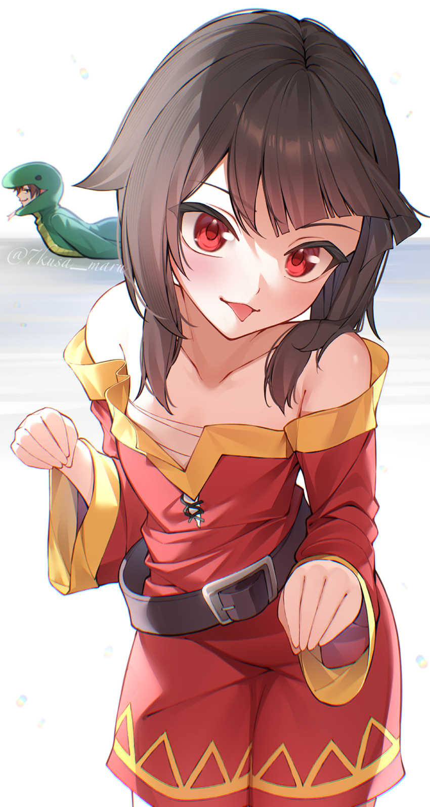 1boy 1girl animal_costume bare_shoulders belt black_hair blush breasts chest_sarashi collarbone dress highres kono_subarashii_sekai_ni_shukufuku_wo! long_sleeves looking_at_viewer medium_breasts megumin off-shoulder_dress off_shoulder paw_pose red_dress red_eyes sarasara_shoyu sarashi satou_kazuma snake_costume tongue tongue_out twitter_username