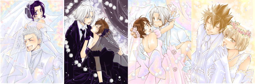 3boys 3girls bare_shoulders blush bridal_veil bride brown_hair carrying carrying_over_shoulder couple dress dual_persona elbow_gloves closed_eyes gloves gokudera_hayato gown green_eyes hetero highres katekyo_hitman_reborn! kurokawa_hana long_hair long_image miura_haru moka_(une-corolle) multiple_boys multiple_girls person_over_shoulder purple_eyes purple_hair sasagawa_kyouko sasagawa_ryohei sawada_tsunayoshi short_hair silver_hair smile veil wedding wedding_dress wide_image