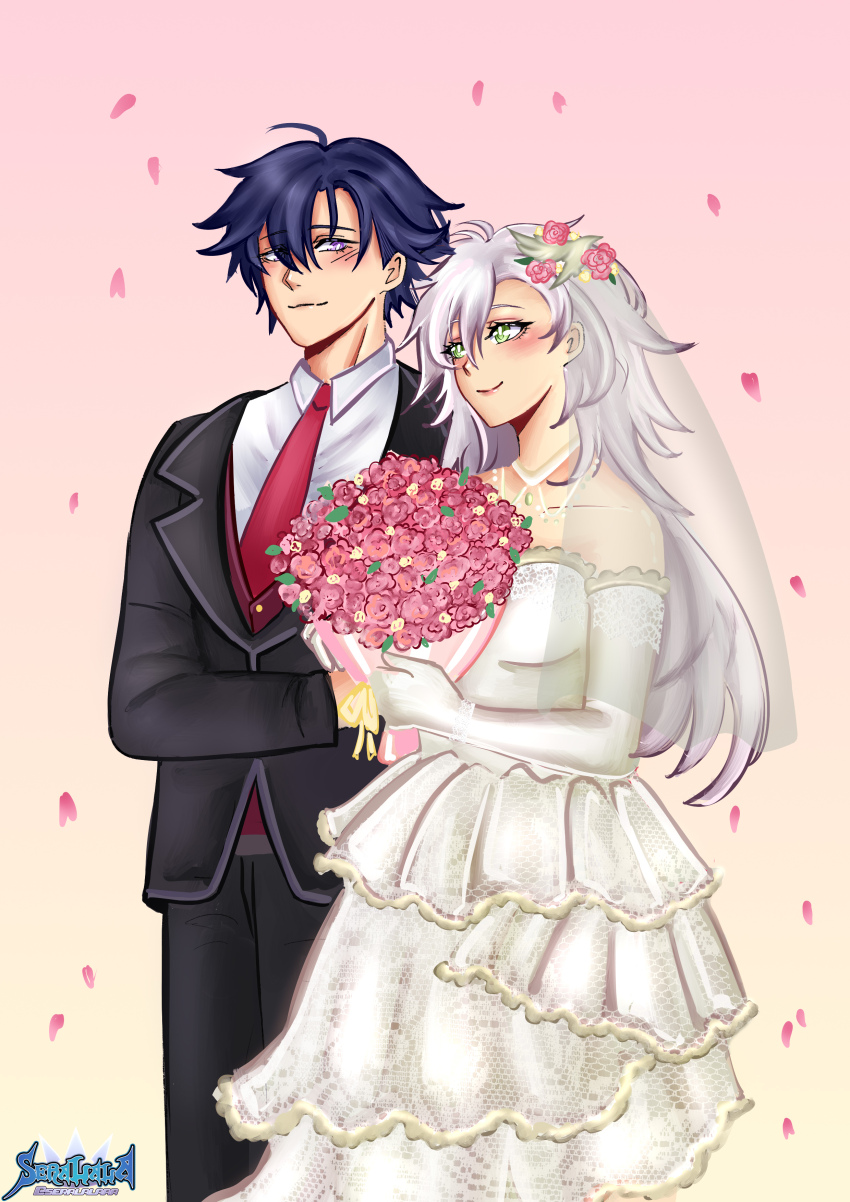 1boy 1girl absurdres ahoge artist_logo bare_shoulders black_hair blush bouquet bridal_veil bride closed_mouth commentary commission dress eiyuu_densetsu elbow_gloves english_commentary fie_claussell flower gloves gradient_background green_eyes groom hair_between_eyes hair_flower hair_ornament highres holding holding_bouquet logo long_hair necktie parted_bangs pink_background purple_eyes rean_schwarzer red_necktie sen_no_kiseki_(series) seralalaaa short_hair simple_background smile strapless strapless_dress tuxedo upper_body veil wedding wedding_dress white_dress white_gloves white_hair