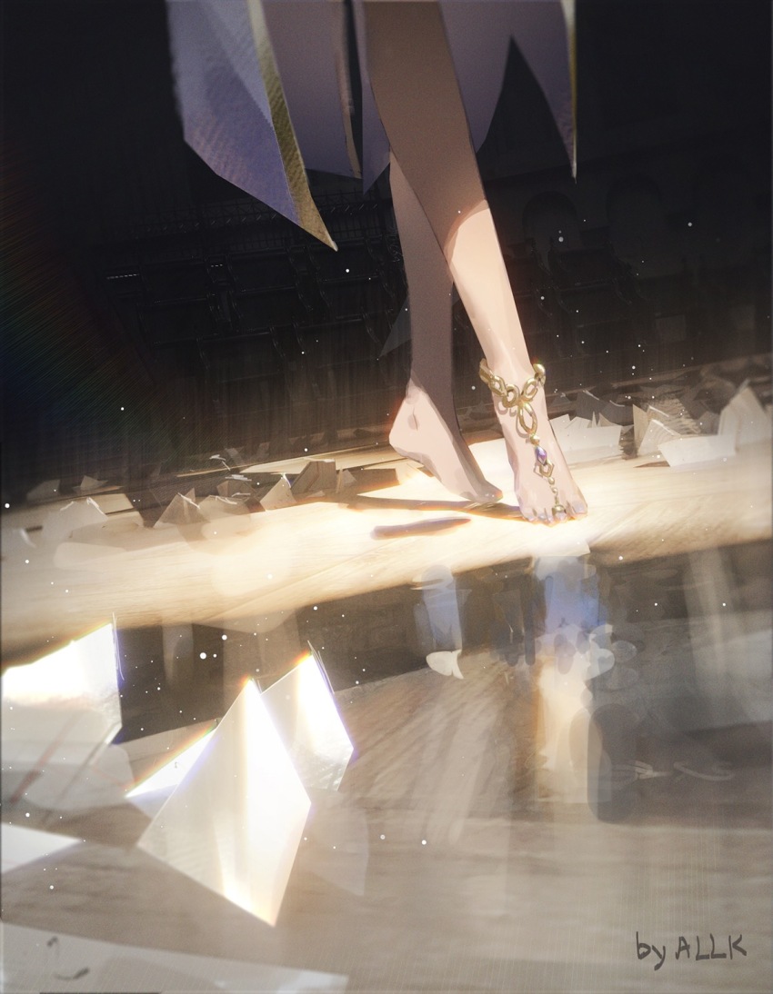 1girl anklet artist_name barefoot barefoot_sandals_(jewelry) blue_dress chinese_commentary commentary dress furina_(genshin_impact) genshin_impact halo highres indoors jewelry light_particles lower_body ming_zhentan_allk reflective_floor solo sunlight tiptoes