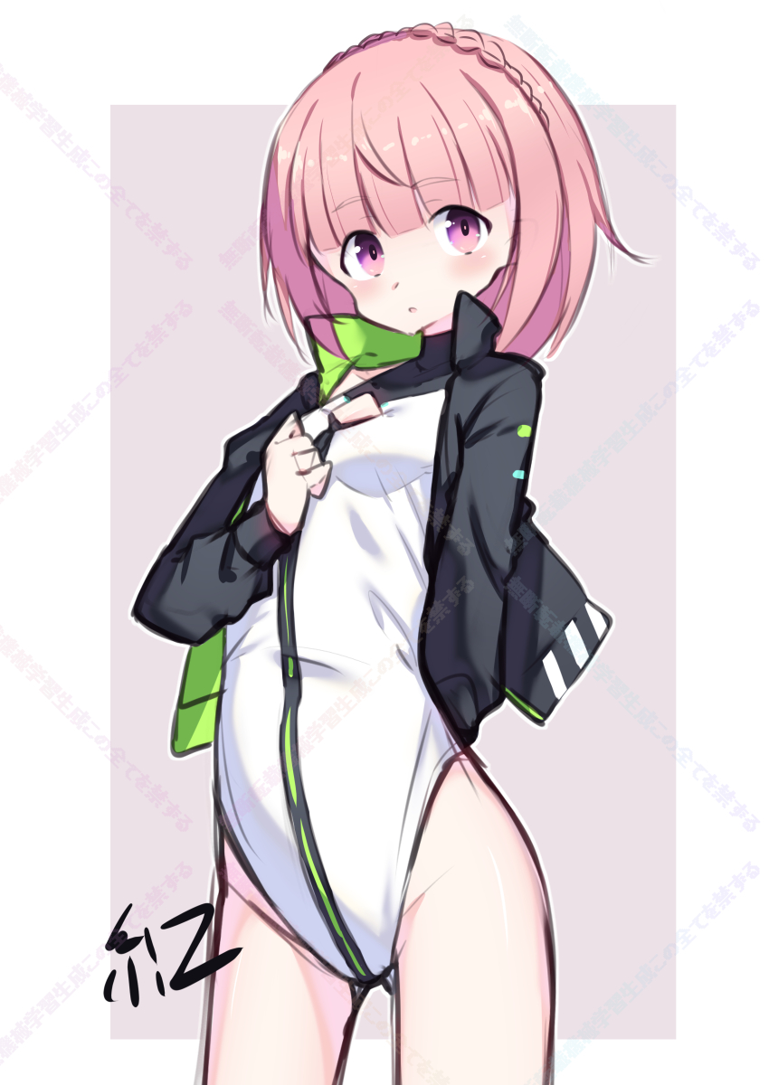1girl absurdres aikawa_aika alice_gear_aegis artist_name ben1shoga black_jacket black_thighhighs braid breasts circle_cutout cleavage_cutout clothing_cutout companion/af covered_collarbone crown_braid front_zipper full-length_zipper heattech_leotard highleg highleg_leotard highres jacket leotard looking_at_viewer multicolored_leotard pink_eyes pink_hair race_queen short_hair sleeveless_turtleneck_leotard small_breasts solo thighhighs turtleneck two-tone_leotard watermark watermark_grid white_leotard zipper zipper_leotard zipper_pull_tab