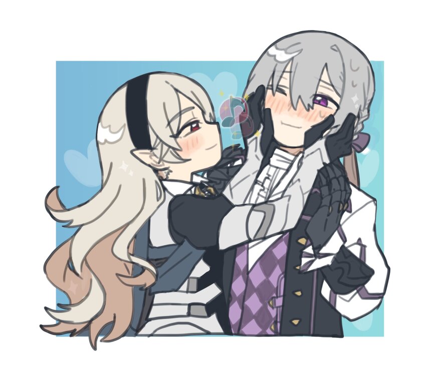 1boy 1girl absurdres aristocratic_clothes black_hairband blue_cape butler cape female_corrin_(fire_emblem) fire_emblem fire_emblem_fates grey_hair hairband highres jakob_(fire_emblem) kita_senju low_ponytail nintendo pointy_ears ponytail red_eyes tuxedo_shirt